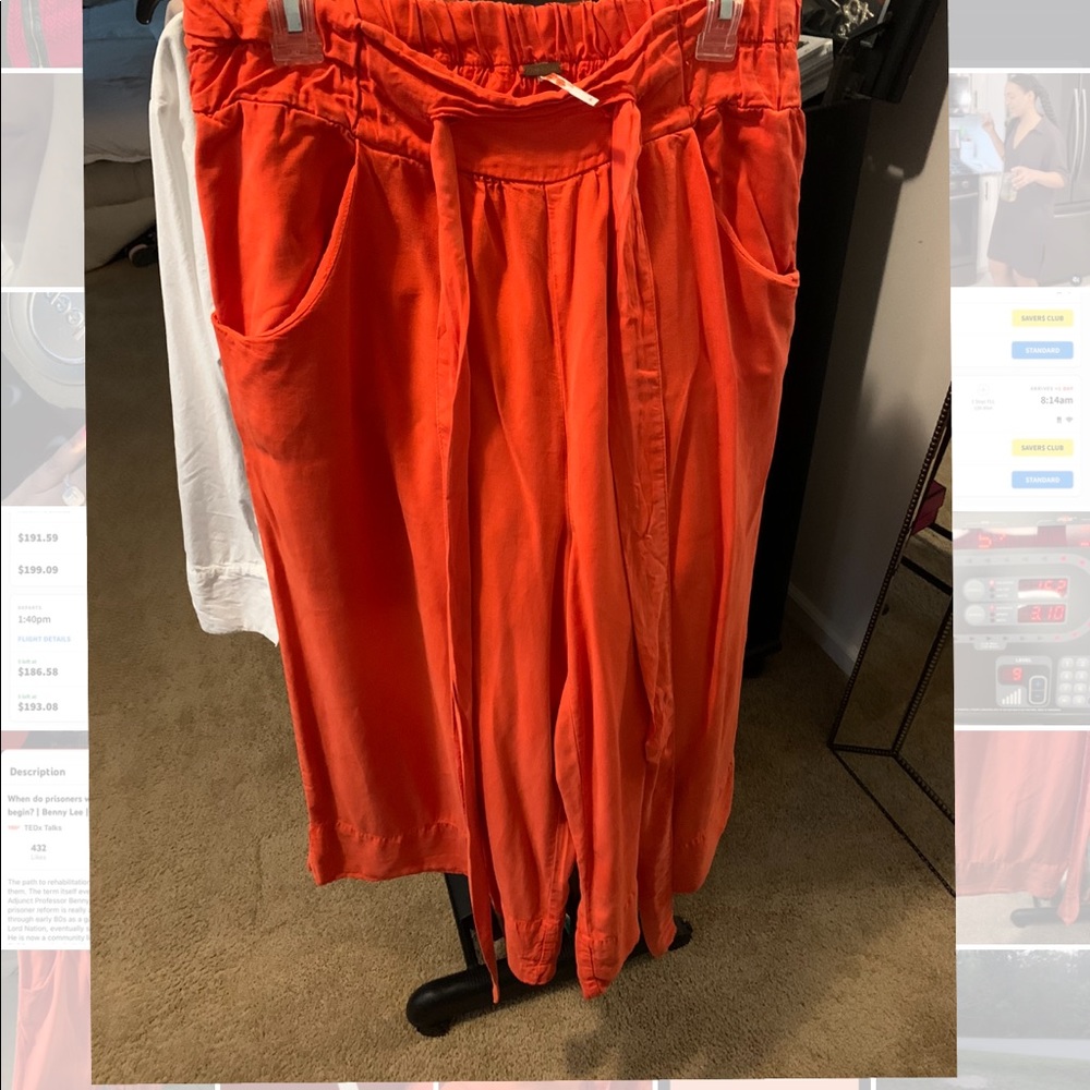Free people orange wide leg, above the ankle. Paper bag fit. Belted
